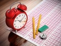 Optical test paper, alarm clock, eraser, pencil and sharpener. 3D illustration