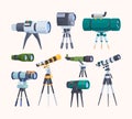 Optical tools. Equipment photographers telescope binoculars tools for outdoor exploring observation scientists items Royalty Free Stock Photo
