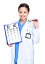 Optical woman doctor with eye chart and glasses Royalty Free Stock Photo