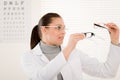 Optician doctor woman with glasses and eye chart Royalty Free Stock Photo