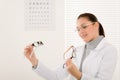 Optician doctor woman with glasses and eye chart Royalty Free Stock Photo