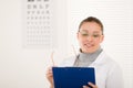 Optician doctor woman with glasses and eye chart