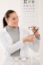 Optician doctor woman with glasses and eye chart