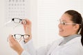 Optician doctor woman with glasses and eye chart Royalty Free Stock Photo