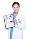 Optician hold with eye chart and glasses Royalty Free Stock Photo