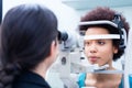 Optician measuring women eyes with refractometer Royalty Free Stock Photo