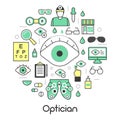 Optician Thin Line Icons Set with Optometry Technology and Eyeglasses