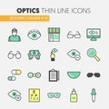 Optician Thin Line Icons Set with Optometry Technology and Eyeglasses