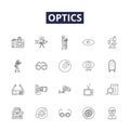 Optics line vector icons and signs. Light, Reflection, Refraction, Prism, Eyeglass, Binoculars, Telescope, Optics