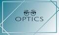 Optics logo design with blue eyes in black eyeglasses