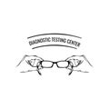 Optics logo. Glasses. Hands. Ophthalmology sign. Diagnostic testing center inscription. Eyeglasses badge. Vector illustration.