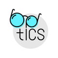 Optics logo with glasses and text. Eyeglasses shop store thin line style design symbol.