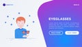 Optics shop concept: Man is trying on different eyeglasses. Gradient flat and thin line icons. Modern vector illustration, web