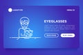 Optics shop concept: Man is trying on different eyeglasses. Thin line icons. Modern vector illustration, web page template