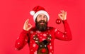 Optimism concept. Better days coming. Winter inspiration. New year party decor. Prepare for holiday. Bearded hipster man Royalty Free Stock Photo