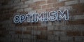 OPTIMISM - Glowing Neon Sign on stonework wall - 3D rendered royalty free stock illustration