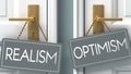 Optimism or realism as a choice in life - pictured as words realism, optimism on doors to show that realism and optimism are