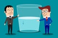 Optimism versus pessimism concept. Cartoon characters businessmen indicating glass half full or half empty. vector isolated