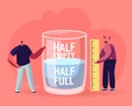 Optimist and Pessimist Concept. Couple of Characters Stand at Huge Water Glass Discussing if it is Half Full or Empty Royalty Free Stock Photo