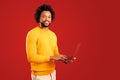 Optimistic african-american male student using laptop pc isolated on red background, smiling multiracial freelancer man Royalty Free Stock Photo