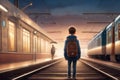 optimistic boy on railway station perron at spring evening. Travelling and vacations concept.. AI