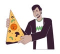 Optimistic indian man with big pizza slice flat line color vector character Royalty Free Stock Photo