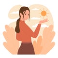 Optimistic mindset, positive thinking concept, happy person holding sun to enjoy moment