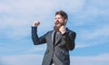 Optimistic mood. Success and luck. Being optimistic. Man bearded optimistic businessman wear formal suit sky background Royalty Free Stock Photo