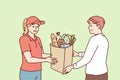 Optimistic woman courier handing out delivered food items to man online store customer. Vector image