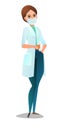Optimistic woman doctor in dressing gown and humor mask. Cheerful persons in standing pose. Cartoon comic style flat