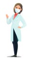 Optimistic woman doctor in dressing gown and humor mask. Cheerful persons in standing pose. Cartoon comic style flat