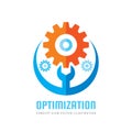 Optimization - vector business logo template concept illustration. Gear electronic factory sign. Cog wheel and wrench technology