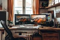 Optimize Your Home Workspace: Setting Up Dual Monitors for Enhanced Productivity and Creative Workflow in a Cozy Room, Featuring