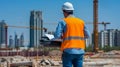 Optimizing Construction, Skilled Worker Checking Blueprints and Overseeing Progress, Generative AI Royalty Free Stock Photo