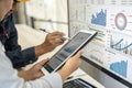 Optimizing data analysis with digital tools, hands interacting with tablet and screen, showcasing graphs and charts for effective