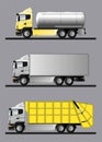 Options for modern European trucks for the transport of various goods. Flat style line art illustration