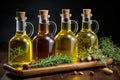 Options in a row olive oil in bottles, dark background, rosemary leaves. AI generated