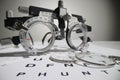 Optometric glasses lie on Snellen chart paper with letters