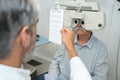 Optometrist adjusting phoropter for senior male patient