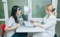 Optometrist is doing corneal topography. Corneal exam. Ophthalmology clinic Royalty Free Stock Photo