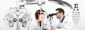 Optometrist doing eyesight with woman patient measurement with s Royalty Free Stock Photo