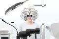 Optometrist exam, eyesight woman patient with phoropter in opti