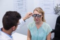 Optometrist examining female patient with messbrille