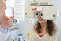 Optometrist examining female patient with messbrille in ophthalmology clinic Royalty Free Stock Photo