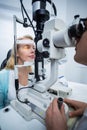 Optometrist examining female patient on slit lamp Royalty Free Stock Photo