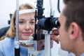 Optometrist examining female patient on slit lamp Royalty Free Stock Photo