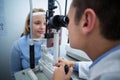 Optometrist examining female patient on slit lamp Royalty Free Stock Photo