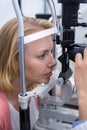 Optometrist examining female patient on slit lamp Royalty Free Stock Photo