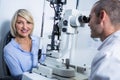 Optometrist examining female patient on slit lamp Royalty Free Stock Photo