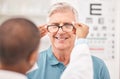 Optometrist, fitting glasses and senior man with smile, test and helping hand for healthy vision in retirement